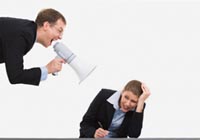 Business man yelling at woman with mega phone
