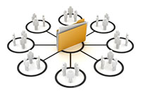 Figures standing around a folder to symbolize and employee engagement survey